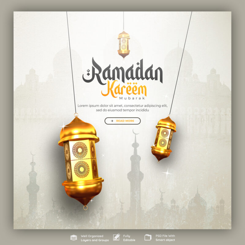 Ramadan Kareem Mubarak Islamic Festival Religious Social Media Banner or Instagram Post template PSD