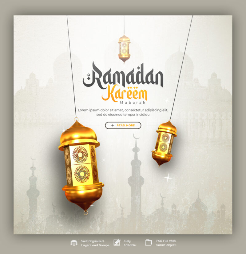 Ramadan Kareem Mubarak Islamic Festival Religious Social Media Banner or Instagram Post template PSD
